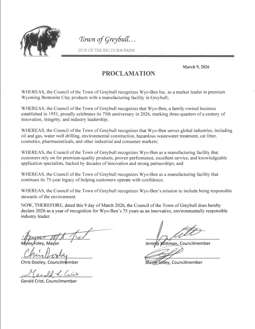 Award for Wyo-Ben Honored with City of Greybull Proclamation Celebrating 75 Years of Service